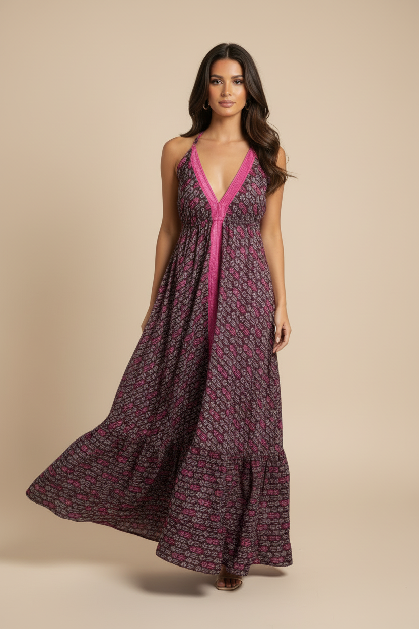 Vestido maxi con fondo beige