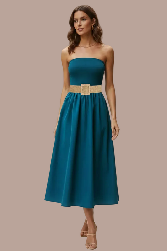 Vestido Teal con Correa Dorada