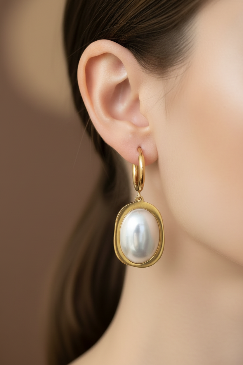 Zoom extremo de oreja con pendientes de perla